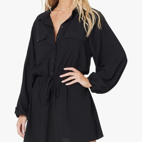 L Space Amelia Mini Dress Black Tie Waist Button Front Long Sleeve Sz XS - Picture 2 of 12